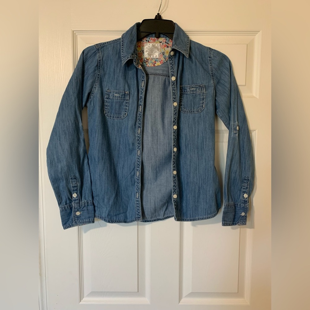 Justice Collared Long Sleeve Denim Button Down with Floral Accent‎ Size 16